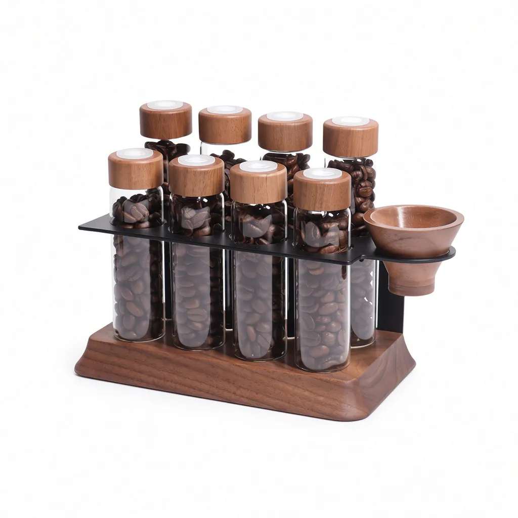 Walnut -Wood-Espresso-Bean-Dosing-Cellar-Stand-Set-with-Airflow-Tubes-One-way-Exhaust-Valve-cover